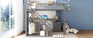 English Elm Full Size Loft Bed with Desk Drawers Led Strip and Staircase for Teen Rooms Gray LT000258AAE-1