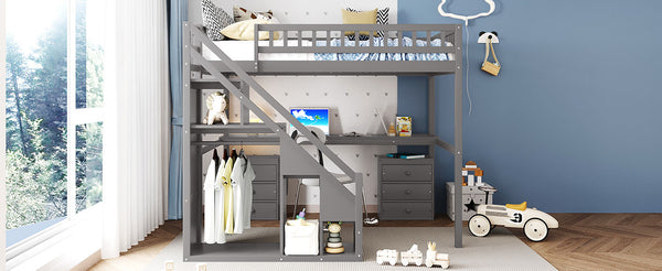English Elm Full Size Loft Bed with Desk Drawers Led Strip and Staircase for Teen Rooms Gray LT000258AAE-1