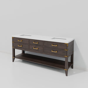 English Elm Brown Oak Double Bath Vanity 72" W X 22" D, Elegant White Quartz Top, Ample Storage & Soft-Close Drawers B2731P260292