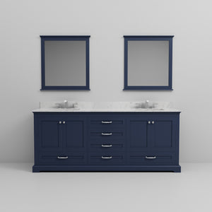 English Elm Navy Blue Double Bath Vanity With Carrara Marble Top, Chrome Faucet Set & 30” Mirrors, 80” Wide B2731S01033