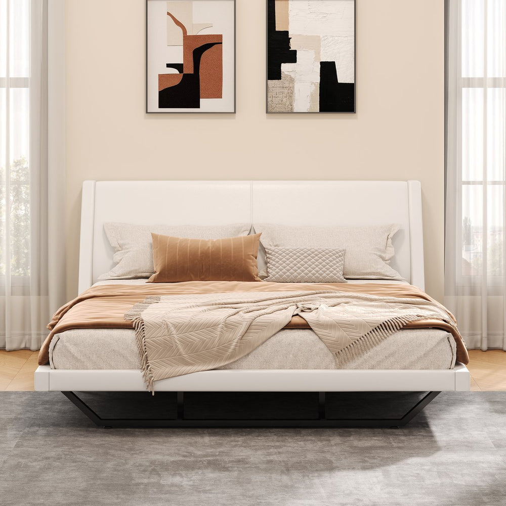 English Elm Queen Pu Leather Platform Bed Sculptural Wave Base Floating Silhouette Modern Bedroom White N761S0000031W