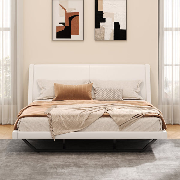 English Elm Queen Pu Leather Platform Bed Sculptural Wave Base Floating Silhouette Modern Bedroom White N761S0000031W