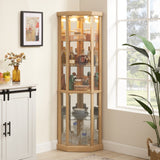 Corner Lighted Curio Cabinet - Glass Display Case for Living Room - Antique Collection, Wine & Bar Storage - Light Oak