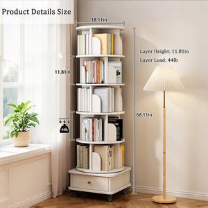 English Elm 6 Tier Rotating Bookshelf 360° Spinning Tower with Lockable Wheels, Drawer & Stable Base for Home Office White W3204P309485