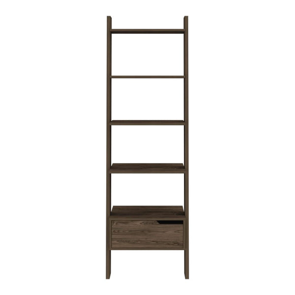 English Elm Ladder Dark Walnut Bookcase with One Drawer and Five Open Shelves, Space-Saving Leaning Design, Durable B097133049