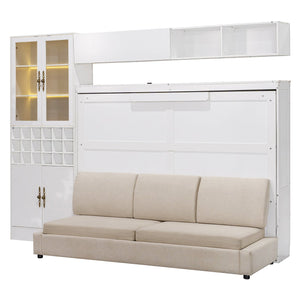 English Elm Full Size Murphy Wall Bed with Linen Sofa Integrated Shelving Usb Charging and Lighting LP000763AAK