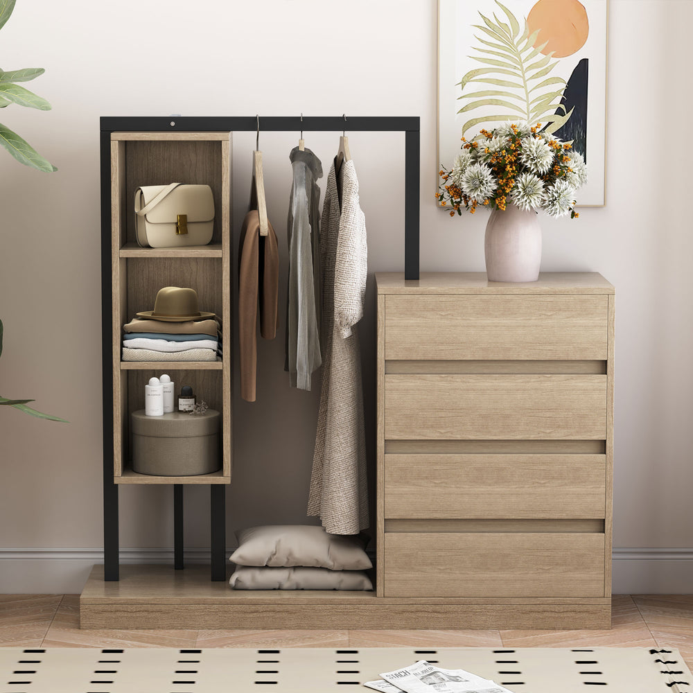 English Elm Wardrobe with 4 Drawers 3 Shelves – Spacious Natural/Wood/White Storage Cabinet, Durable MDF, Easy Assembly, Sleek Design, 55.3" L x 50.4" H N820P196888N
