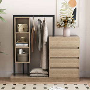 English Elm Wardrobe with 4 Drawers 3 Shelves – Spacious Natural/Wood/White Storage Cabinet, Durable MDF, Easy Assembly, Sleek Design, 55.3" L x 50.4" H N820P196888N
