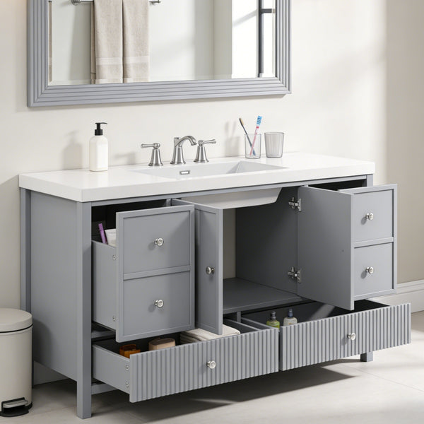 English Elm 60" Freestanding Bathroom Vanity Fluted Fronts Soft Close Drawers Drop-in Sink Blue Gray N817P404100B