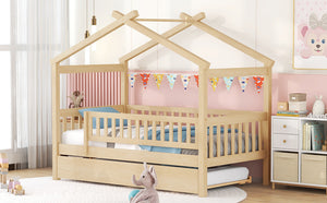 English Elm Twin House Bed with Trundle Solid Pine Frame Walnut Kids Bedroom Sleepover N708P357115N