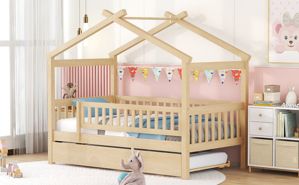 English Elm Twin House Bed with Trundle Solid Pine Frame Walnut Kids Bedroom Sleepover N708P357115N