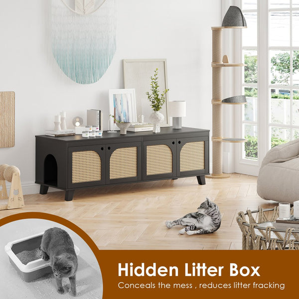 English Elm Double Hidden Cat Litter Box Enclosure with Rattan Doors, Two Spacious Compartments, Odor Control Stand Black T3623P380857