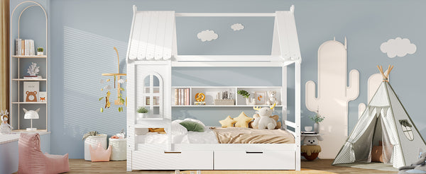 English Elm Full House Solid Wood Platform Bed with Window Roof, Under-Bed Drawers & Shelves for Kids' Rooms Light White W1580S00267