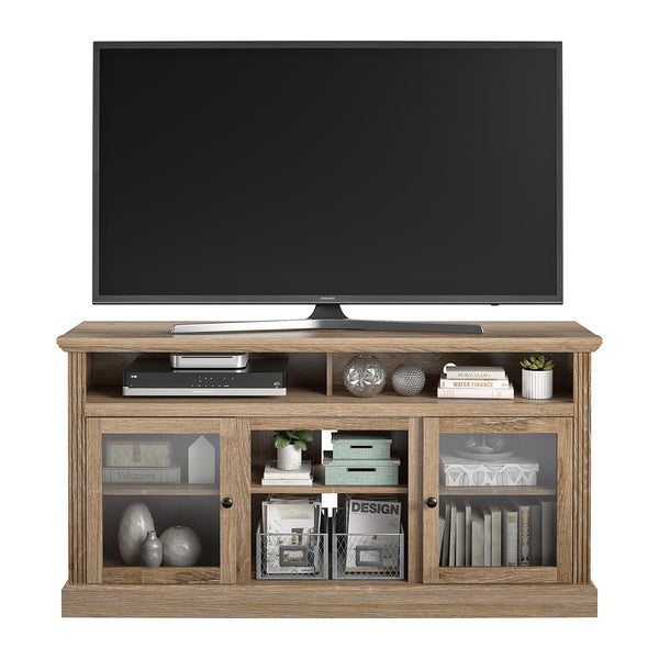 English Elm Chicago Wood Grain Tv Stand with Glass Door Cabinets for Living Room Media Storage B2733S00003