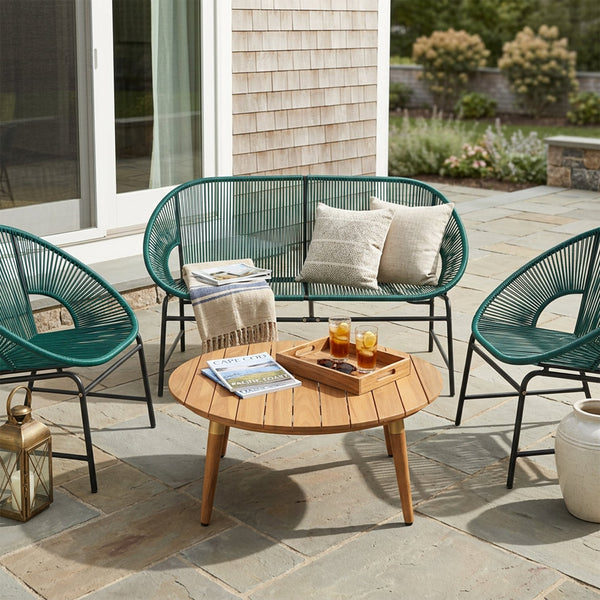 English Elm Nusa Outdoor Pe Rattan Conversation Set with Acacia Wood Coffee Table Patio Natural,Teal NUSA4PCSET-TEL