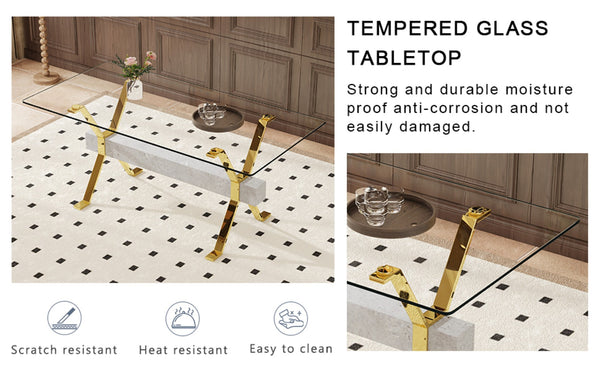 English Elm Table Elegance: 71"X35.4" Clear Glass Dining Set With 8 Light Gray Pu Chairs & Golden Legs W1151S02366-GIGA