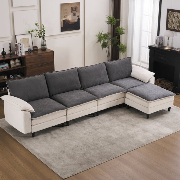 English Elm 129.92" Chenille Cloud Sectional Modular L Shaped Sofa with Ottoman Deep Lounge Seating W5029S00003