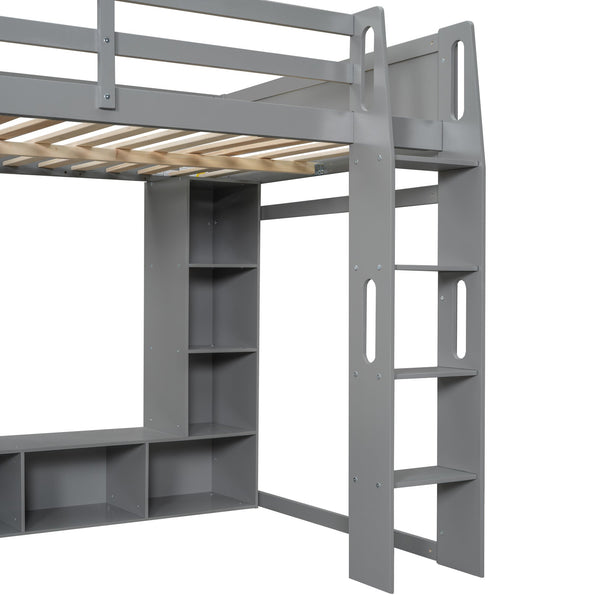 English Elm Wood Full Size Gaming Loft Bed with Integrated Desk, Shelves, LED Lighting & Hanging Clothes Rack Gray N7090001042E