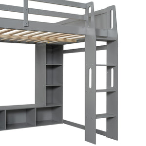 English Elm Wood Full Size Gaming Loft Bed Pine Frame with Led Lighting Desk and Storage Shelves N7090001042E-1