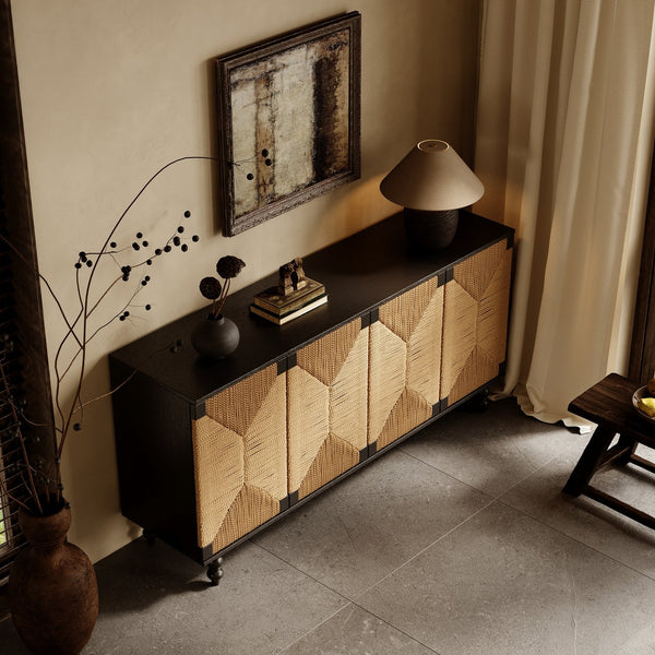 English Elm Accent Coastal Sideboard with Handwoven Seagrass Doors and Wire-brushed Wood Finish W2263P395490
