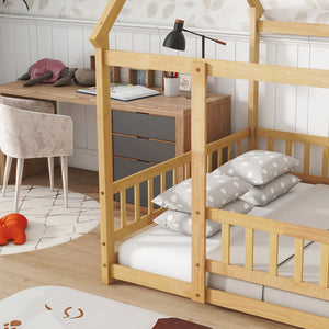 English Elm Twin House Shaped Floor Bed Solid Rubberwood Frame with Guardrails for Kids W504P370560