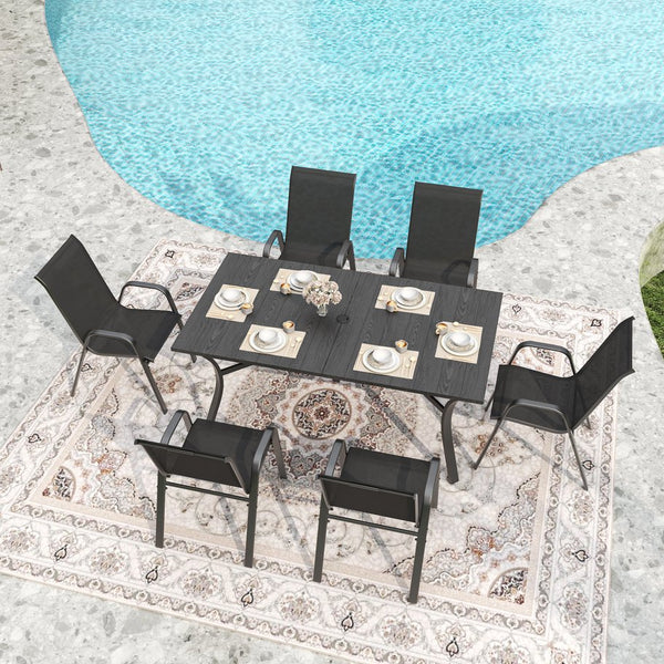 English Elm 7-piece Outdoor Dining Set with Wood-grain Steel Table Umbrella Hole Six Ergonomic Chairs Black W3979S00040