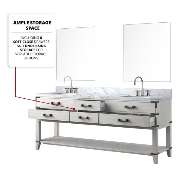 English Elm White Oak Double Bath Vanity Set With Carrara Marble Top, Chrome Faucets, And Matching Mirrors B2731S01908-GIGA