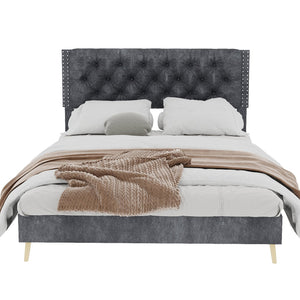 English Elm Velvet Tufted Queen Platform Bed Diamond Headboard for Elegant Master Bedroom W1935P361004