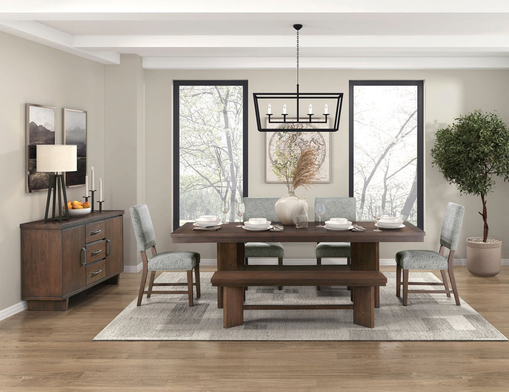 English Elm Walnut Veneer Six Piece Dining Set with Extension Leaf Trestle Table and Upholstered Chairs B011S01381
