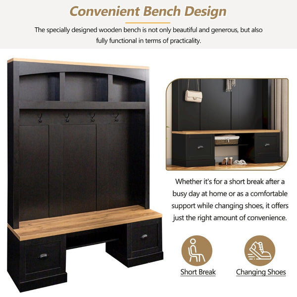 English Elm On-Trend Farmhouse 4-In-1 Hall Tree With Bench, Hooks & Shelves - Rustic Storage For Entryway Spaces N721S000038B-GIGA