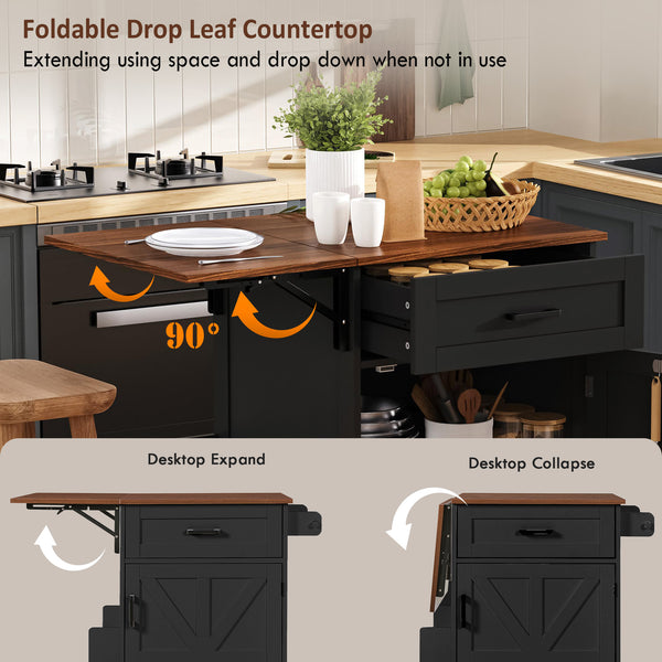 English Elm K&k Farmhouse Rolling Kitchen Cart with Drop Leaf Drawer Open Rack Lockable Wheels Black N707P404539B