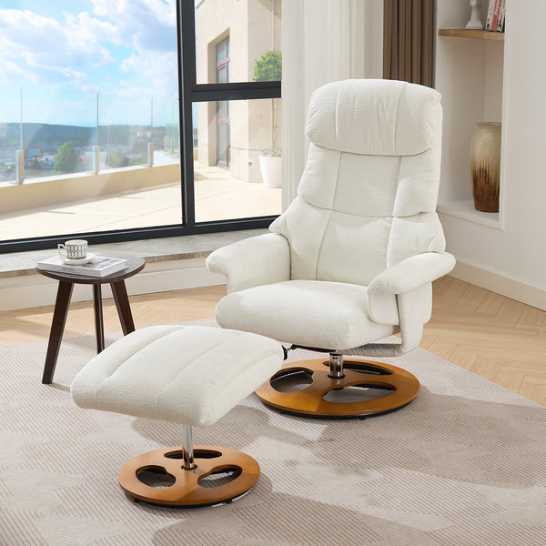 English Elm 010-Ergonomic Recliner Chair with Ottoman — 360° Swivel Lounge, Chenille Comfort, Heated Seat, Massage, Adjustable Backrest White W2636P262424