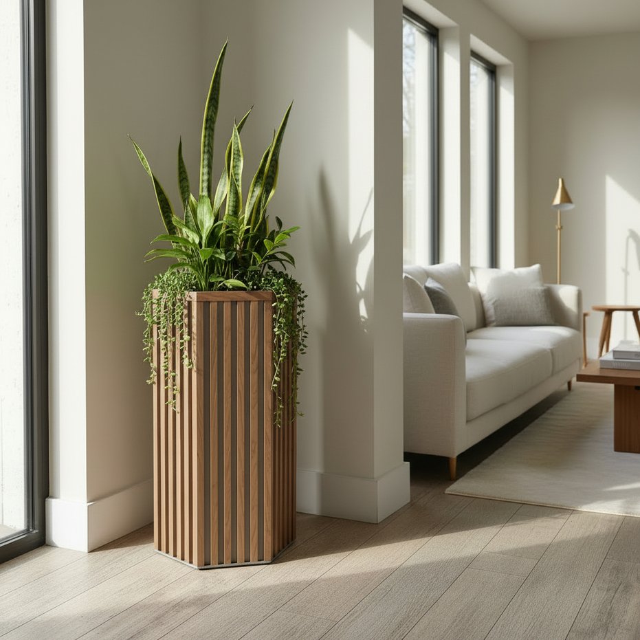 English Elm Hexagon Tall Column Planter Lightweight Aluminum Powder Coat Finish for Patio Entryway Chestnut B2755P462194