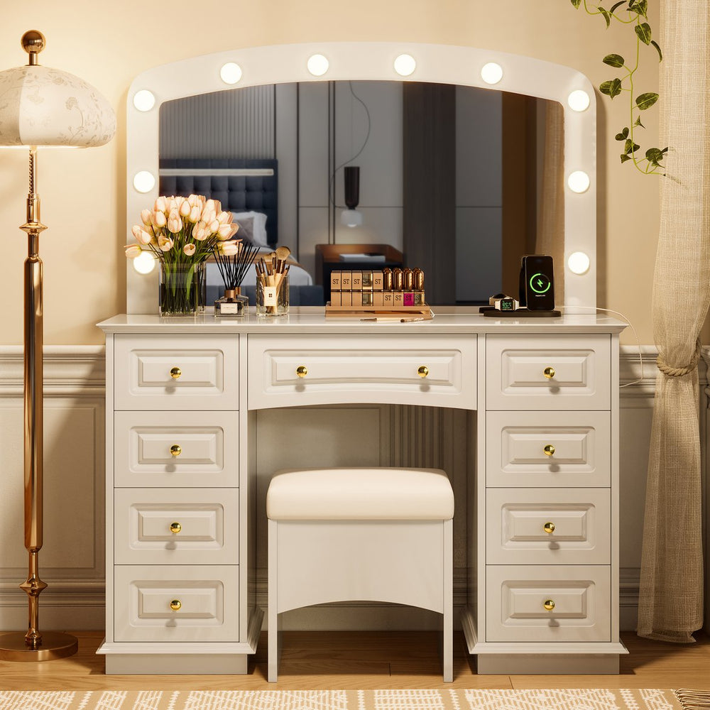 English Elm <old Sku Hollywood Vanity with 10 Bulbs 9 Drawers Cushioned Stool White Glam Bedroom N704G202308A