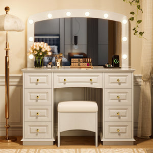 English Elm <old Sku Hollywood Vanity with 10 Bulbs 9 Drawers Cushioned Stool White Glam Bedroom N704G202308A