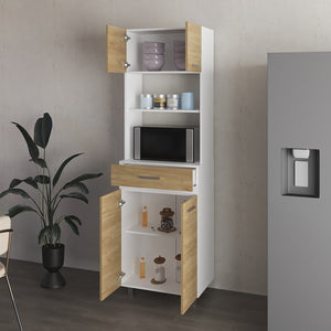 English Elm Lakeridge Pantry Cabinet with White & Macadamia Finish — 4 Doors, 2 Drawers, Open Shelf Storage B092P315581