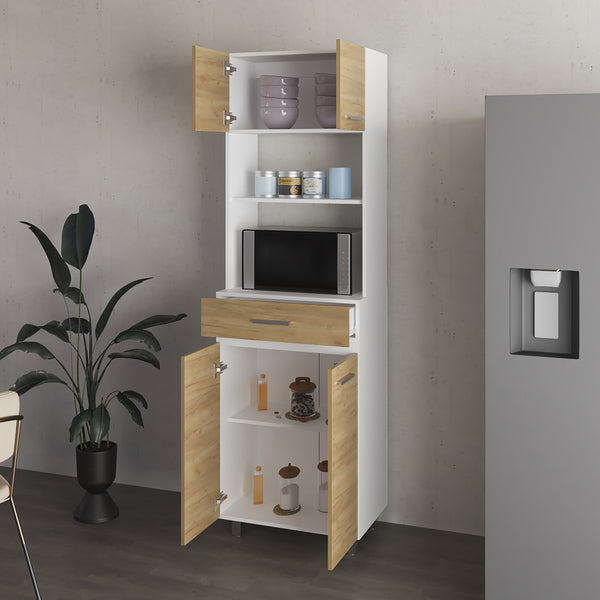 English Elm Lakeridge Pantry Cabinet with White & Macadamia Finish — 4 Doors, 2 Drawers, Open Shelf Storage B092P315581