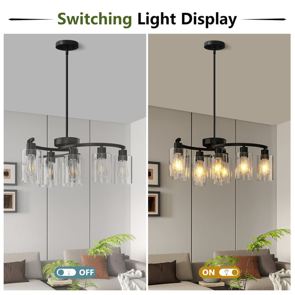 English Elm 9-Light Modern Farmhouse Chandelier with Clear Glass Shades, Adjustable Height, Industrial Iron Fixture Black W2312P374987