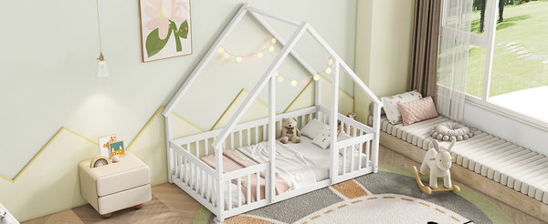 English Elm Twin Wood House-Shaped Floor Bed with Fence and Guardrails – Playful Pine Frame for Imaginative Kids Retreat White W504P143290