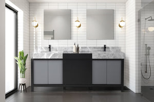English Elm Black Double Bath Vanity 80" W With Castle Grey Marble Top, Matte Black Faucet & Stylish Mirrors B2731S01161