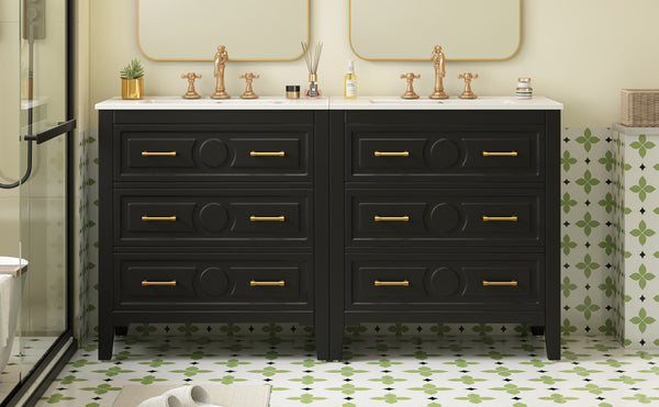 English Elm 60'' Elegant Black Bathroom Vanity Set With Ceramic Sink, 6 Drawers, Solid Wood Frame & Storage N710SS00003B