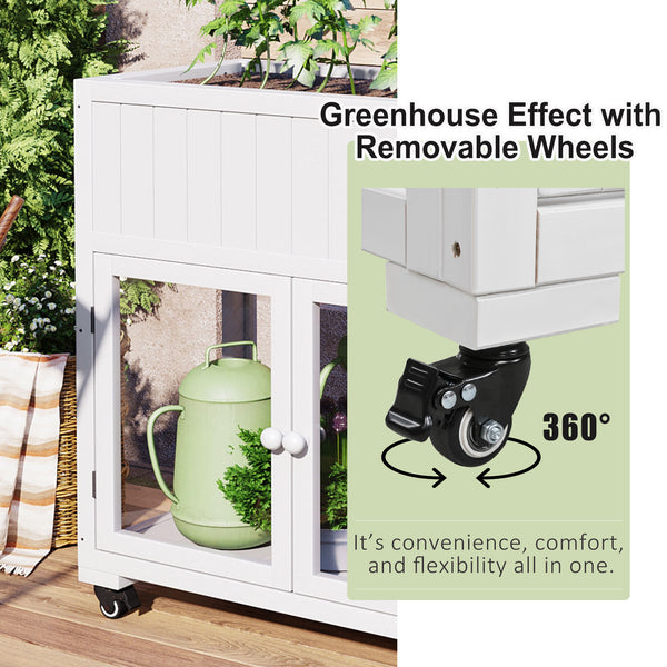 English Elm TOPMAX Mini Cold Frame Greenhouse with Fir Wood, Polycarbonate Doors, Raised Bed & Removable Wheels White N717P229026K