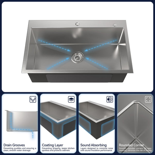 English Elm Stainless Steel Overmount Kitchen Sink Single Bowl Nano Brushed Modern Drop In T3177P286034