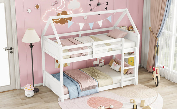English Elm Twin Over Twin House Bunk Bed With Guardrails, Ladder & Cozy Floor Bed - White Rubberwood Design W504P227938-GIGA