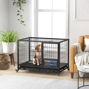 English Elm PawHut Heavy Duty 43" Steel Dog Crate with Wheels, Removable Tray, Top Access & Foldable Bowl Holder Black W2225P217150
