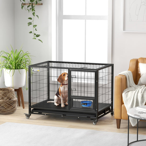 English Elm PawHut Heavy Duty 43" Steel Dog Crate with Wheels, Removable Tray, Top Access & Foldable Bowl Holder Black W2225P217150