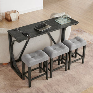 English Elm 59 Inch Bar Table Set with Power Outlet Rubberwood Frame and 3 Linen Stools Black W2972P385253