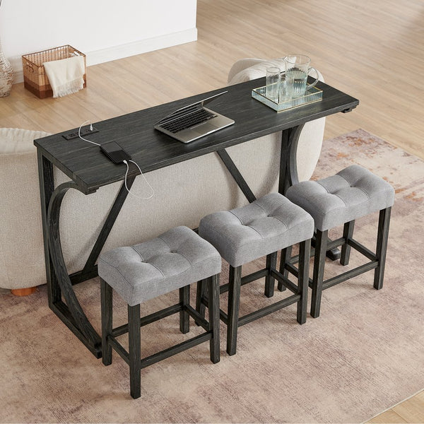 English Elm 59 Inch Bar Table Set with Power Outlet Rubberwood Frame and 3 Linen Stools Black W2972P385253