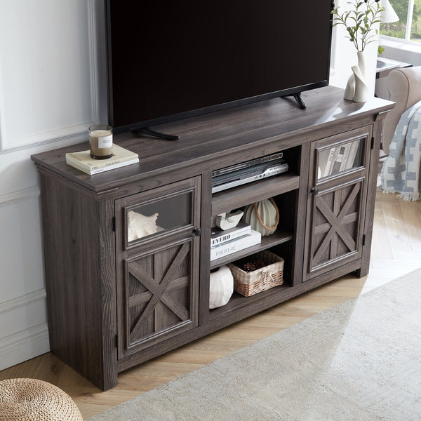 English Elm 2 Door Farmhouse Tv Stand with Barn Style Panels and Open Shelving for Living Room W1758P199935