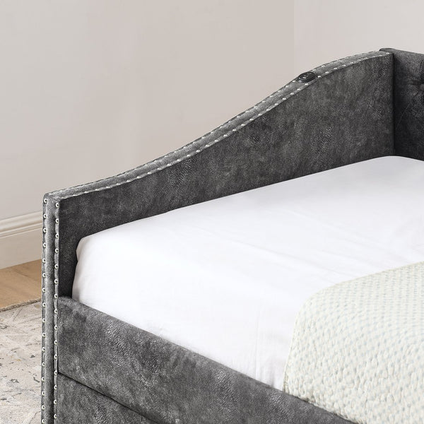 English Elm Twin Daybed with Pull Out Trundle Usb Charging Tufted Upholstered Sofa Guest Bed Grey W1413S00157